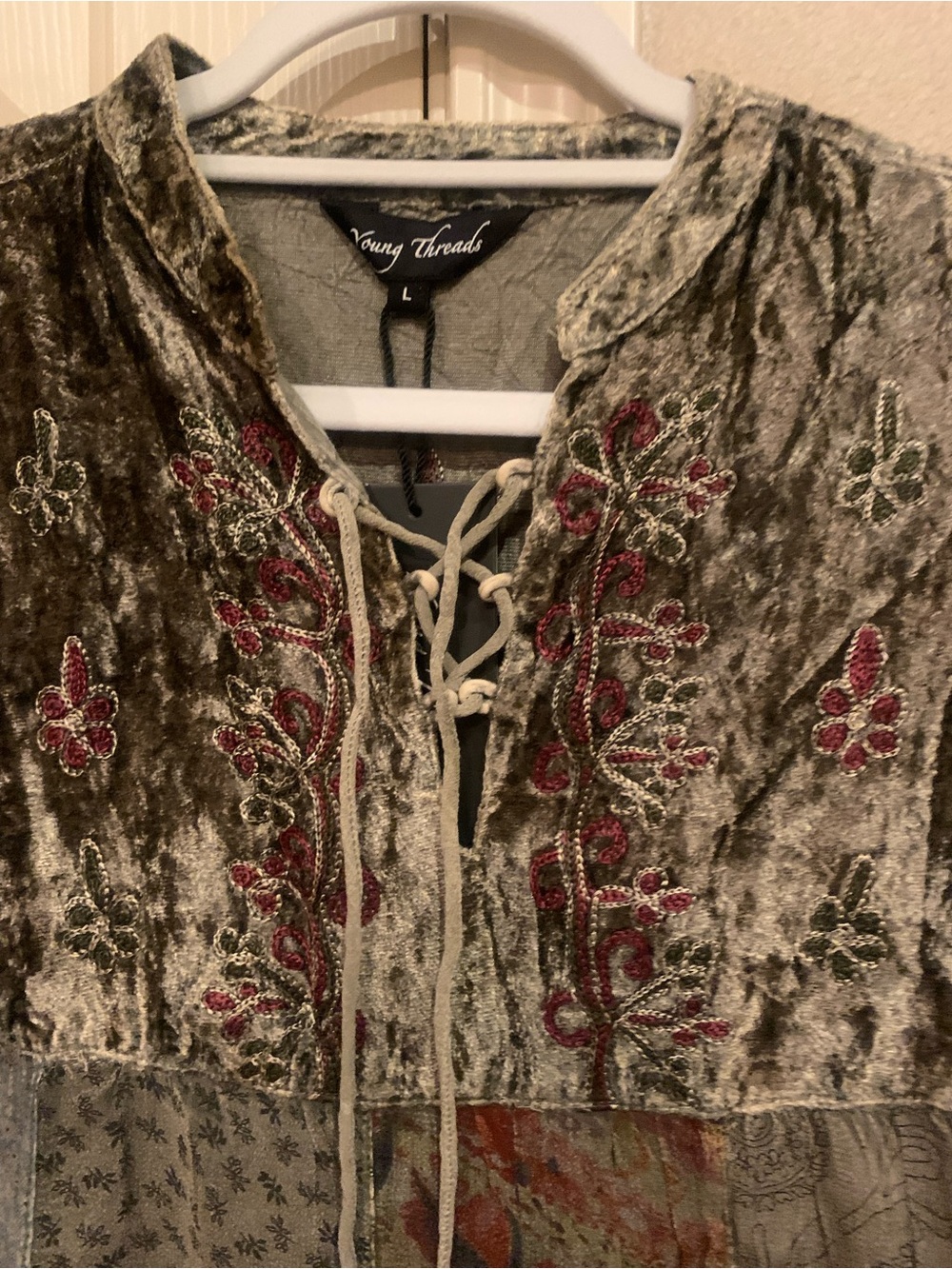 Vintage-Inspired Patchwork Midi Dress in Olive Green - Picture 2 of 11
